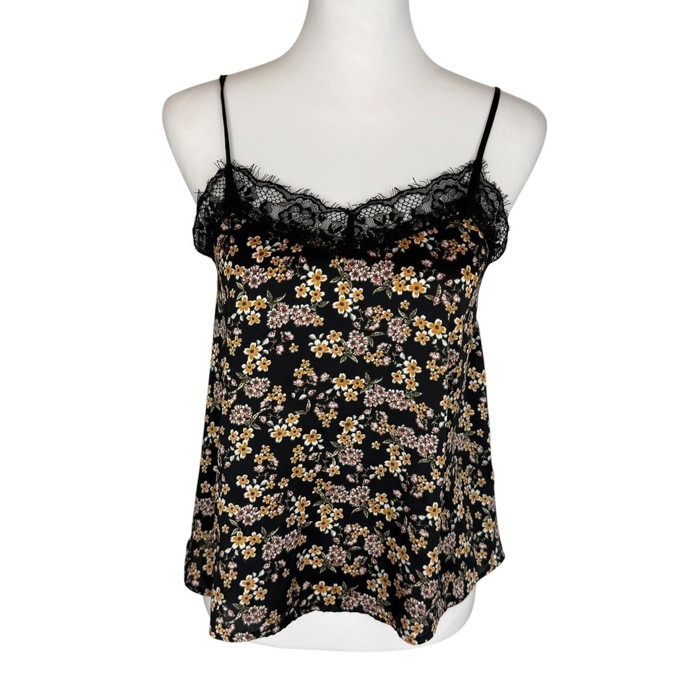 Wild Fable Black Floral Lace Trim Camisole Top XS Adjustable Straps Y2K